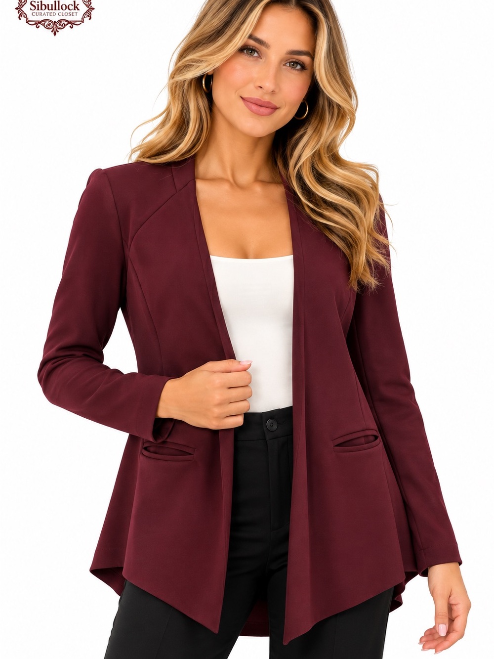 B76 Skies Are Blue Burgundy Waterfall Blazer Size L Open Front